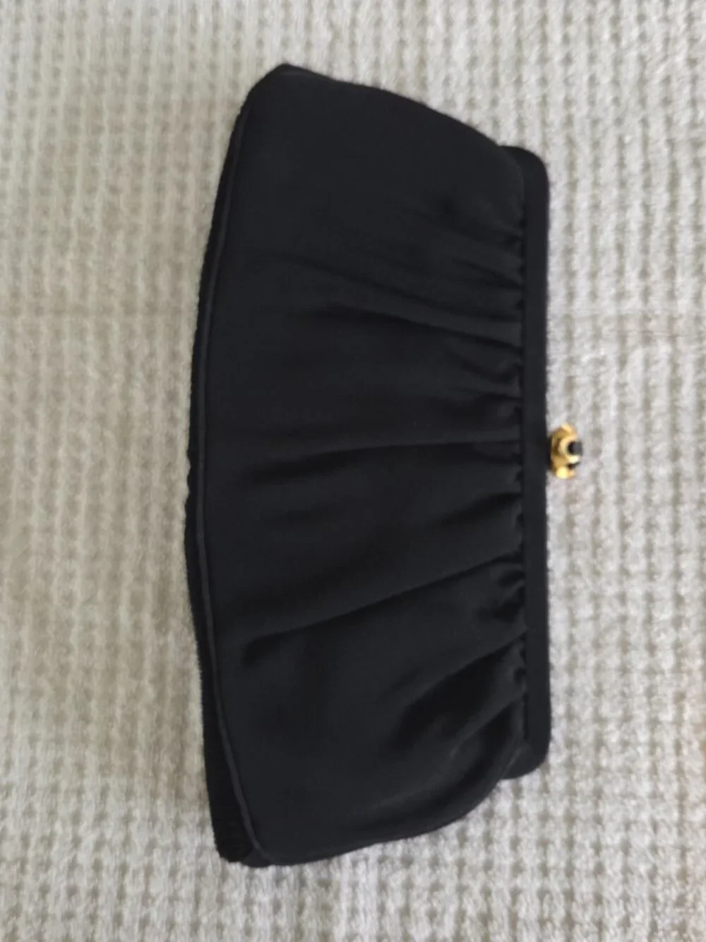 Vintage Garay Black Pleated Fabric Evening Bag Purse Gold Tone Floral Clasp
